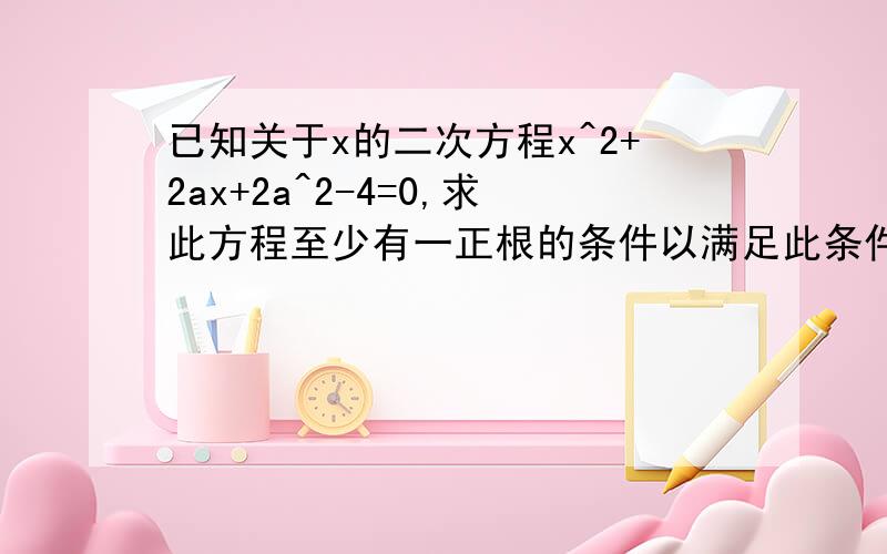 已知关于x的二次方程x^2+2ax+2a^2-4=0,求此方程至少有一正根的条件以满足此条件时a的最大整数解.已知关于x的二次方程x^2+2ax+2a^2-4=0,求此方程至少有一正根的条件和满足此条件时a的最大整数解.