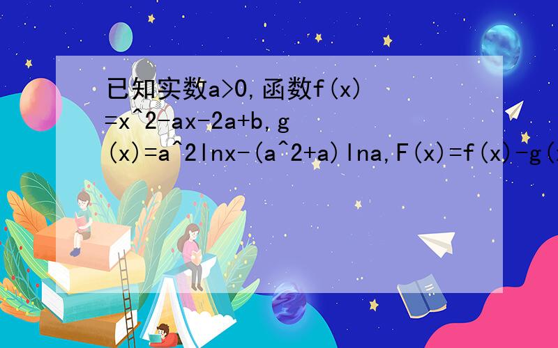 已知实数a>0,函数f(x)=x^2-ax-2a+b,g(x)=a^2lnx-(a^2+a)lna,F(x)=f(x)-g(x).(1)当a=1,b=0时,求函...已知实数a>0,函数f(x)=x^2-ax-2a+b,g(x)=a^2lnx-(a^2+a)lna,F(x)=f(x)-g(x).(1)当a=1,b=0时,求函数F(x)单调区间;(2)对任意一个x属于(0