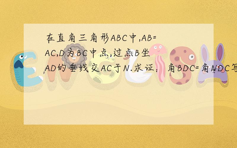 在直角三角形ABC中,AB=AC,D为BC中点,过点B坐AD的垂线交AC于N.求证：角BDC=角NDC写错了，应该是求证：角BDA=角NDC
