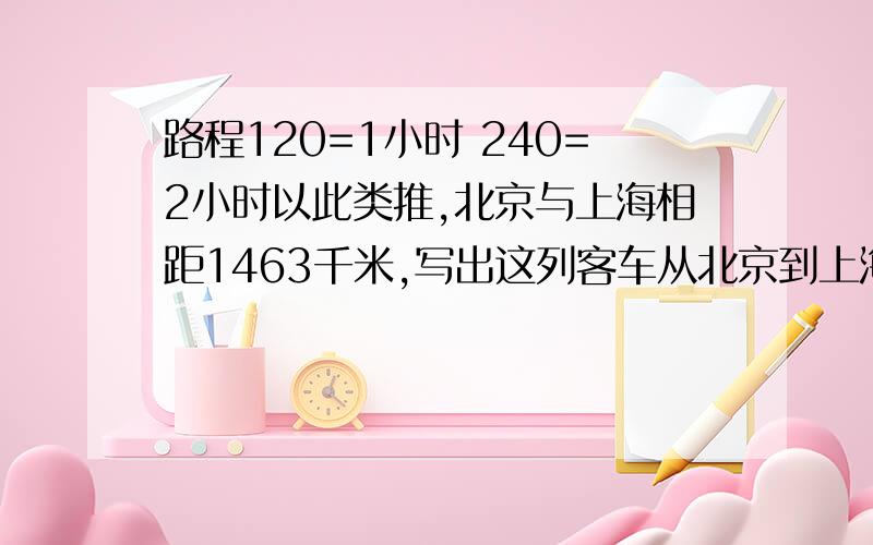 路程120=1小时 240=2小时以此类推,北京与上海相距1463千米,写出这列客车从北京到上海行驶的路程与所用的时间的比,并求出比值.