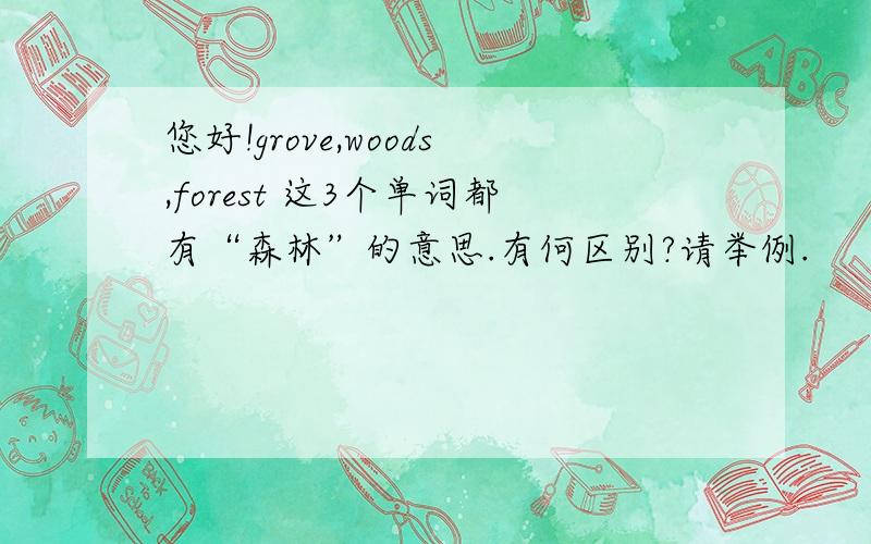 您好!grove,woods,forest 这3个单词都有“森林”的意思.有何区别?请举例.
