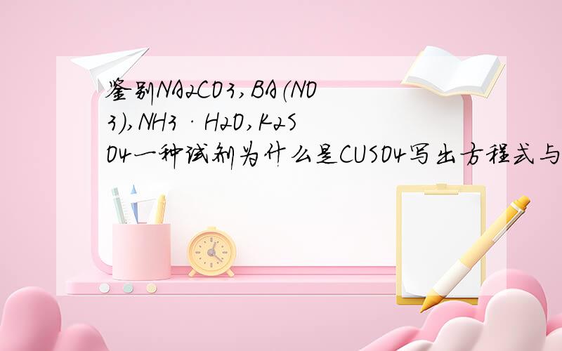 鉴别NA2CO3,BA（NO3）,NH3·H2O,K2SO4一种试剂为什么是CUSO4写出方程式与实验现象