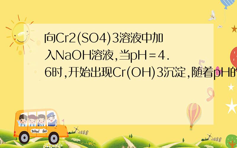 向Cr2(SO4)3溶液中加入NaOH溶液,当pH＝4.6时,开始出现Cr(OH)3沉淀,随着pH的升高,沉淀增多；但当pH≥13时,沉淀消失,出现亮绿色的亚铬酸根(CrO2－),其平衡关系如下：Cr3+ (紫色)+3OH- ===Cr(OH)3(灰绿色)===C