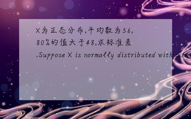 X为正态分布,平均数为56,80%的值大于48,求标准差.Suppose X is normally distributed with a mean of 56.Eighty percent of the values are greater than 48.The standard deviation is approximately: