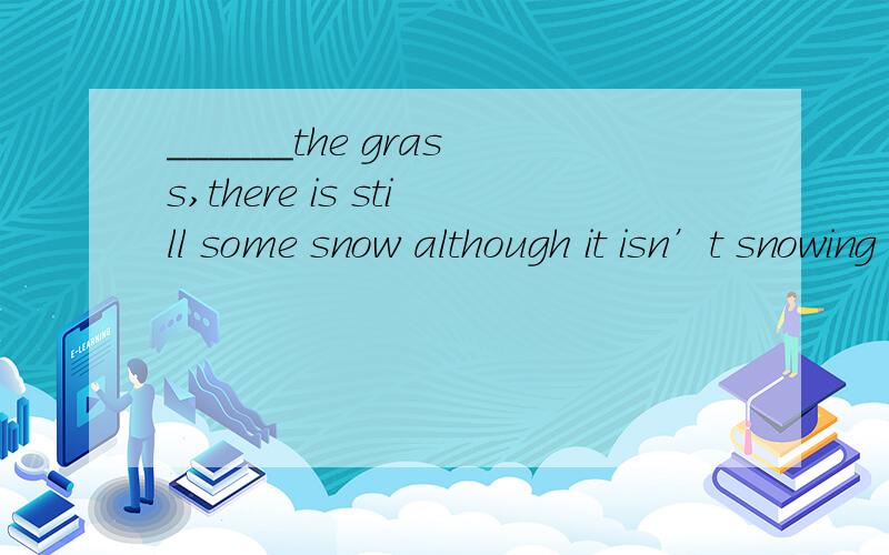 ______the grass,there is still some snow although it isn’t snowing today.填介词一定要正确.