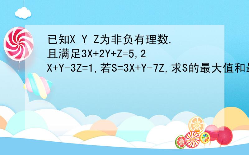 已知X Y Z为非负有理数,且满足3X+2Y+Z=5,2X+Y-3Z=1,若S=3X+Y-7Z,求S的最大值和最小值