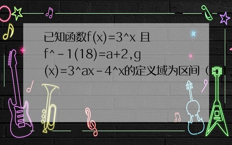 已知函数f(x)=3^x 且f^-1(18)=a+2,g(x)=3^ax-4^x的定义域为区间（-1,1）（1）求g(x)的解析式（2）判断g（x）的单调性（3）若方程g（x）＝m有解,求m的取值范围已知函数f（x）＝log2（x+1）（2是底数哈）,