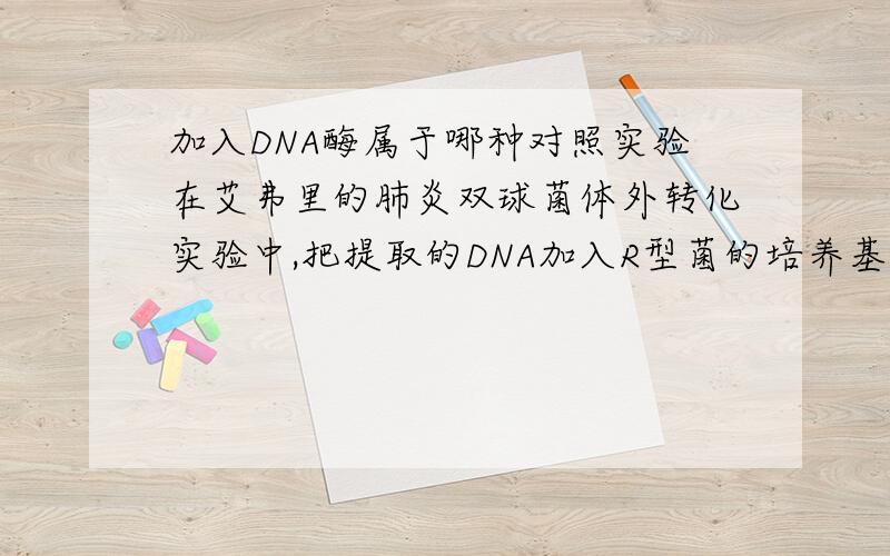 加入DNA酶属于哪种对照实验在艾弗里的肺炎双球菌体外转化实验中,把提取的DNA加入R型菌的培养基中,发现有一部分R型菌转化为S型菌,然后又做了一组对照：把DNA和DNA酶加入R型菌的培养基中,