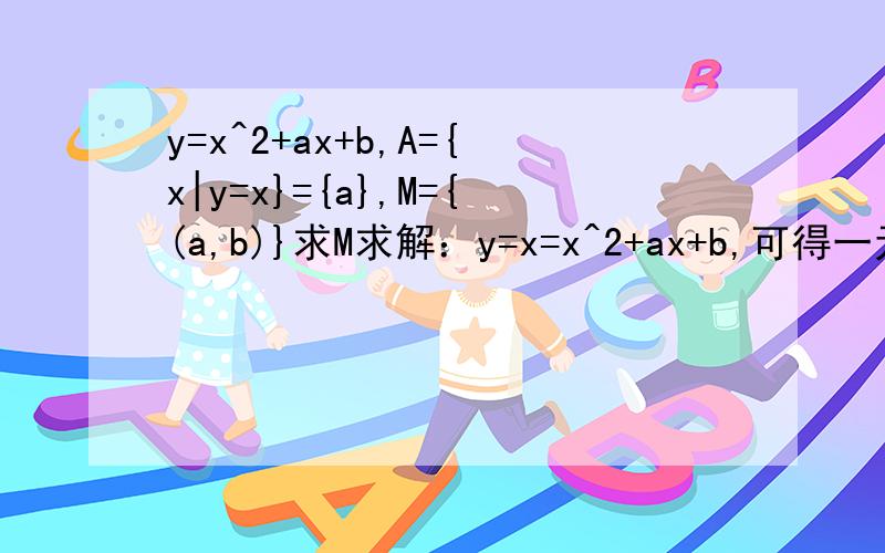 y=x^2+ax+b,A={x|y=x}={a},M={(a,b)}求M求解：y=x=x^2+ax+b,可得一元二次方程x^2+(a-1)x+b=0这一步是怎么化的= =