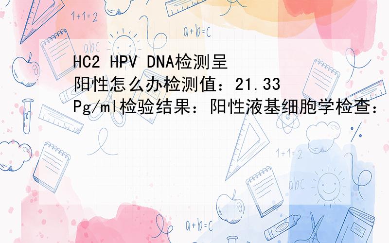 HC2 HPV DNA检测呈阳性怎么办检测值：21.33Pg/ml检验结果：阳性液基细胞学检查：非典型鳞状细胞（ASC-US)2年前宫颈切片诊断为CINII,做了LEEP手术,再诊断又变成CINI.去北京北医三院检查又什么都没