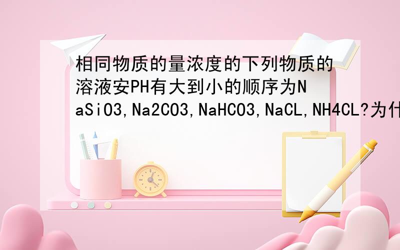 相同物质的量浓度的下列物质的溶液安PH有大到小的顺序为NaSiO3,Na2CO3,NaHCO3,NaCL,NH4CL?为什么,详细原因