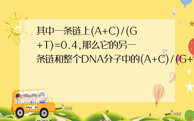 其中一条链上(A+C)/(G+T)=0.4,那么它的另一条链和整个DNA分子中的(A+C)/(G+T)的比例分别是其中一条链上（A+C)/(G+T)=0.4,那么它的另一条链和整个DNA分子中的（A+C)/(G+T)的比例分别是为什么是2.5和1.