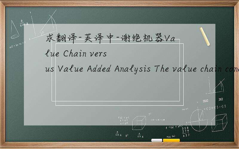 求翻译-英译中-谢绝机器Value Chain versus Value Added Analysis The value chain concept can be contrasted with the internal focus that is often adopted in management accounting, as alluded to in the quote at the outset of this paper. Manageme