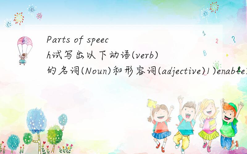 Parts of speech试写出以下动语(verb)的名词(Noun)和形容词(adjective)1)enable2)act