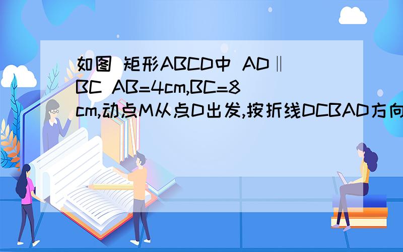 如图 矩形ABCD中 AD‖BC AB=4cm,BC=8cm,动点M从点D出发,按折线DCBAD方向以2cm/s的速度运动,动点N从点D出发,按折线DABCD方向以1cm/s的速度运动问：若点E在线段BC上,且BE=3cm,若动点M,N同时出发,相遇时停止
