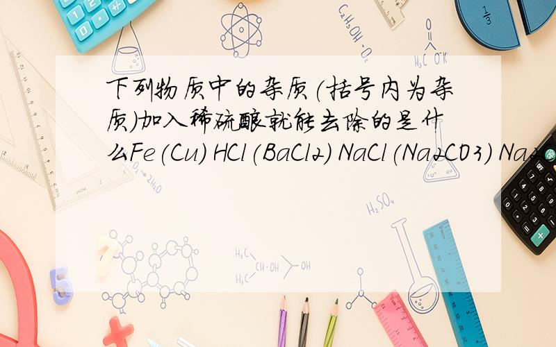 下列物质中的杂质(括号内为杂质)加入稀硫酸就能去除的是什么Fe(Cu) HCl(BaCl2) NaCl(Na2CO3) Na2CO(CaCO3
