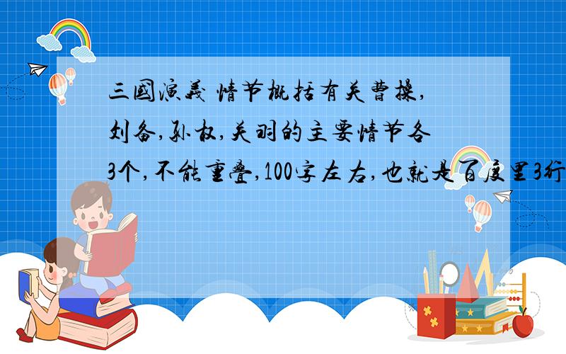 三国演义 情节概括有关曹操,刘备,孙权,关羽的主要情节各3个,不能重叠,100字左右,也就是百度里3行满左右