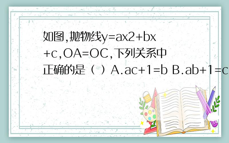 如图,抛物线y=ax2+bx+c,OA=OC,下列关系中正确的是（ ）A.ac+1=b B.ab+1=c C.bc+1=a D.a/b+1=c给下解题的过程.图有点下 不过应该能看清吧?嗯