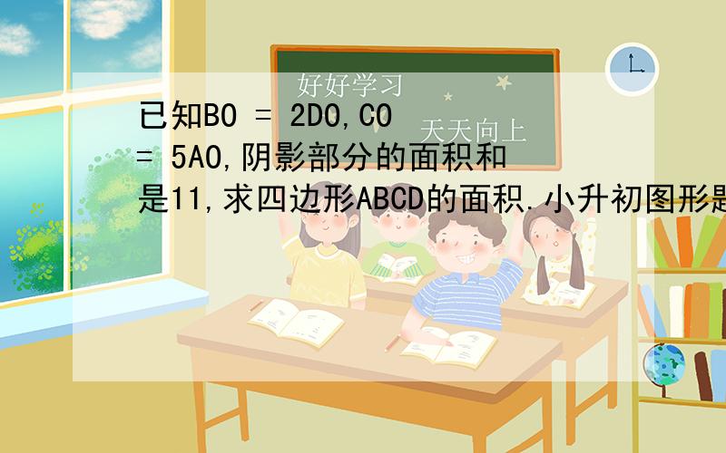 已知BO = 2DO,CO = 5AO,阴影部分的面积和是11,求四边形ABCD的面积.小升初图形题一道~如右图,已知BO = 2DO,CO = 5AO,阴影部分的面积和是11,求四边形ABCD的面积.