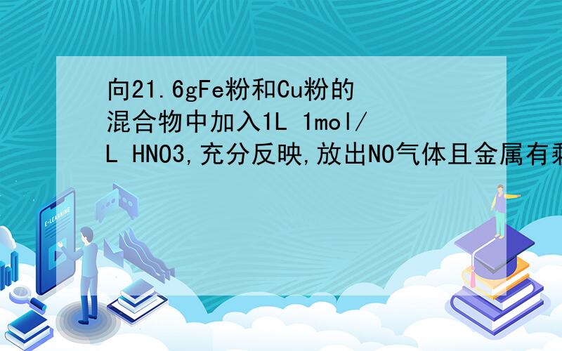 向21.6gFe粉和Cu粉的混合物中加入1L 1mol/L HNO3,充分反映,放出NO气体且金属有剩余,则反映后溶液中硝酸根离子浓度是?75mol/L 与21.6g无关,Fe+4HNO3稀=Fe(NO3)3+NO↑+2H2O3Cu+8HNO3=3Cu(NO3)2+2NO+4H2O