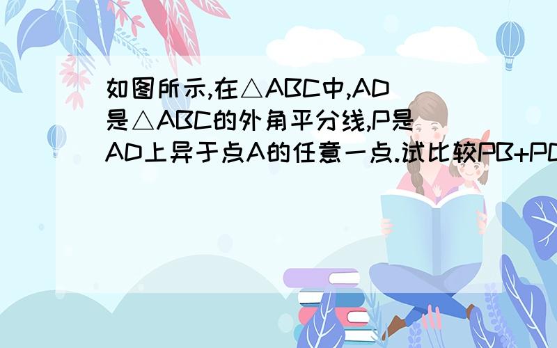 如图所示,在△ABC中,AD是△ABC的外角平分线,P是AD上异于点A的任意一点.试比较PB+PC与AB+AC的大小做过的帮一下