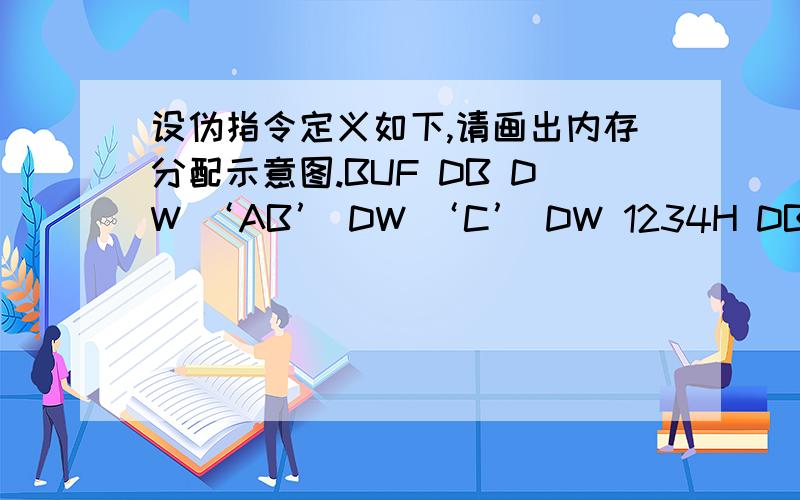 设伪指令定义如下,请画出内存分配示意图.BUF DB DW ‘AB’ DW ‘C’ DW 1234H DB ‘EF’