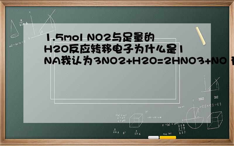 1.5mol NO2与足量的H2O反应转移电子为什么是1NA我认为3NO2+H2O=2HNO3+NO 有1mol转移1NA 0.5mol转移2mol 一共是2NA