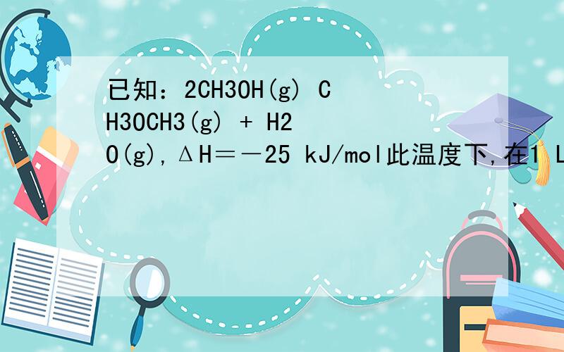 已知：2CH3OH(g) CH3OCH3(g) + H2O(g),ΔH＝－25 kJ/mol此温度下,在1 L的密闭容器中加入CH3OH,反应到某时刻测得各组分的物质的量浓度如下：物质 CH3OH CH3OCH3 H2Oc/(mol·L-1) 0.8 1.24 1.241 .平衡时,再加入与起始