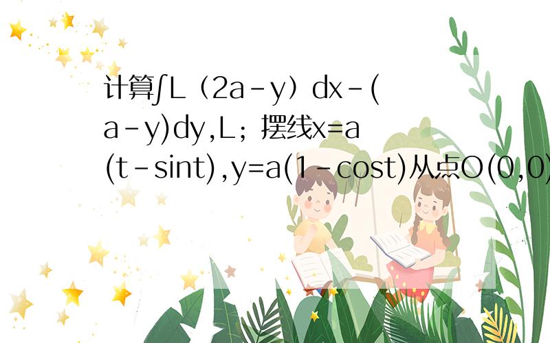 计算∫L（2a-y）dx-(a-y)dy,L；摆线x=a(t-sint),y=a(1-cost)从点O(0,0)到点B(2πa,0). 过程
