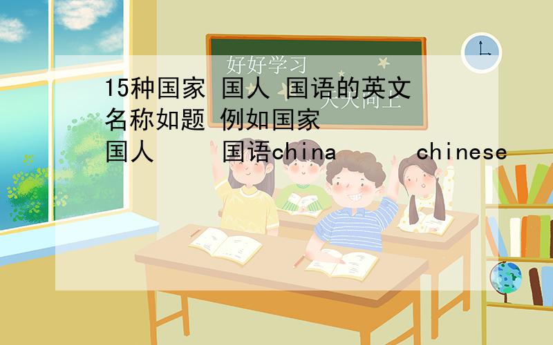15种国家 国人 国语的英文名称如题 例如国家     国人     国语china      chinese     chinese