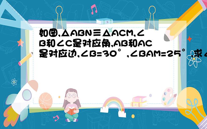 如图,△ABN≡△ACM,∠B和∠C是对应角,AB和AC是对应边,∠B=30°,∠BAM=25°,求∠MAN的度数
