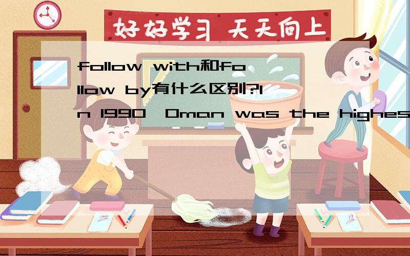 follow with和follow by有什么区别?In 1990,Oman was the highest country among the seven which was 6.9,then followed with Saudi Arabia at 6.8这里的with 是否换成by?