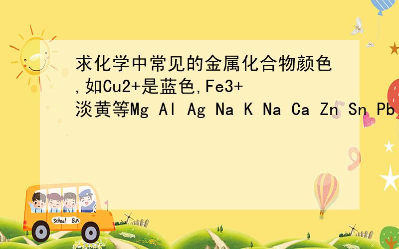 求化学中常见的金属化合物颜色,如Cu2+是蓝色,Fe3+淡黄等Mg Al Ag Na K Na Ca Zn Sn Pb NH4 等