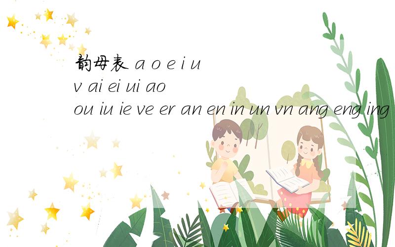 韵母表 a o e i u v ai ei ui ao ou iu ie ve er an en in un vn ang eng ing onga o e i u v ai ei ui ao ou iu ie ve er an en in un vn ang eng ing ong怎么读