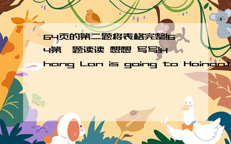64页的第二题将表格完整!64第一题读读 想想 写写!Hhang Lan is going to Hainan.It is hot and sunny.She is going shop-ping.What is she going to buy?Tom is going to Harbin.IT is sold and snowy.HEis going shopping.Whatis he going to buy?