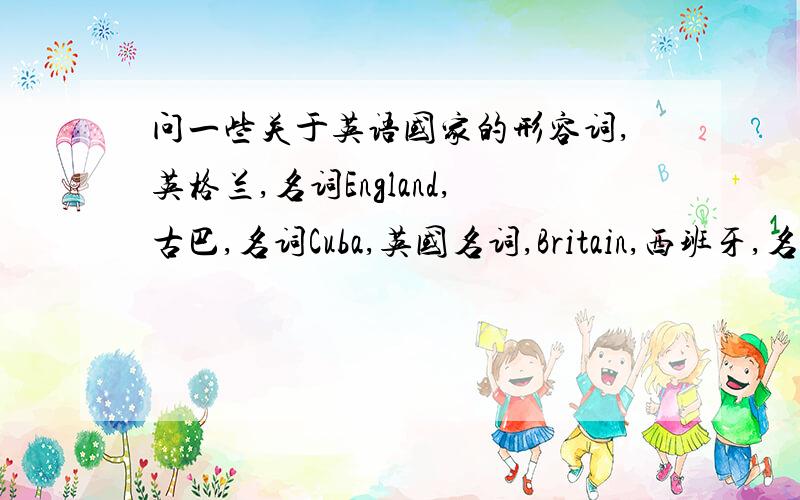 问一些关于英语国家的形容词,英格兰,名词England,古巴,名词Cuba,英国名词,Britain,西班牙,名词,Spain,新西兰,New Zealand巴西,名词,Brazil泰国,Thailand 例如中国名词China形容词Chinese