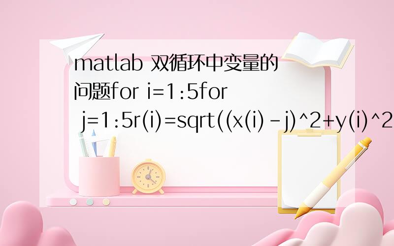 matlab 双循环中变量的问题for i=1:5for j=1:5r(i)=sqrt((x(i)-j)^2+y(i)^2);f(i,j)=y(i)/r(i);其中x(i)是在for i=1:5循环中需用到的量,但我想先用for j=1:5求出i不变时,f(i,j)的和.该怎么写程序呢?