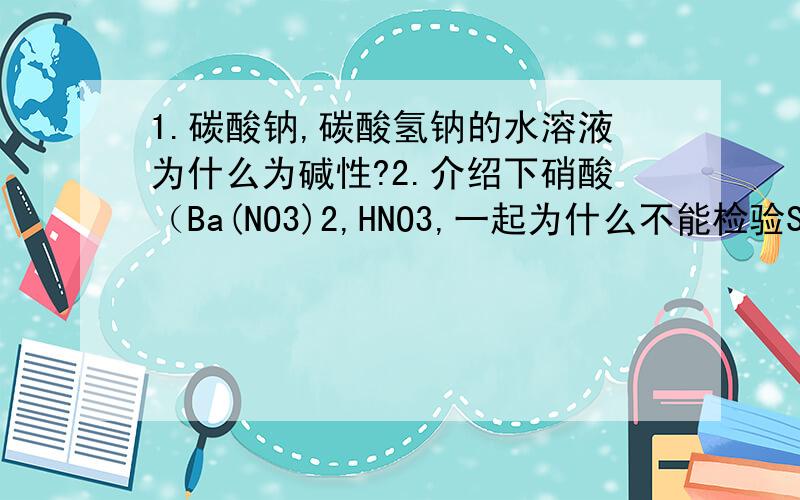 1.碳酸钠,碳酸氢钠的水溶液为什么为碱性?2.介绍下硝酸（Ba(NO3)2,HNO3,一起为什么不能检验SO42-)3.怎么检验碳酸氢根离子(不和碳酸根比反应速度）（没什么办法?）4.我在书上看到了 玻璃棉 ,什