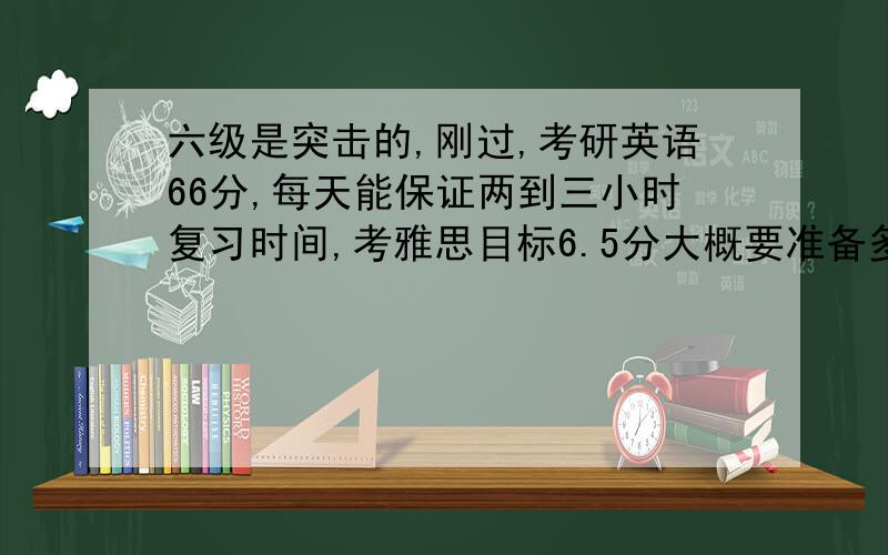 六级是突击的,刚过,考研英语66分,每天能保证两到三小时复习时间,考雅思目标6.5分大概要准备多长时间