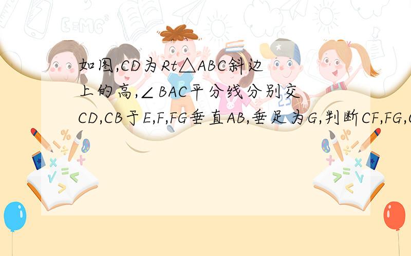 如图,CD为Rt△ABC斜边上的高,∠BAC平分线分别交CD,CB于E,F,FG垂直AB,垂足为G,判断CF,FG,CE,大小关系