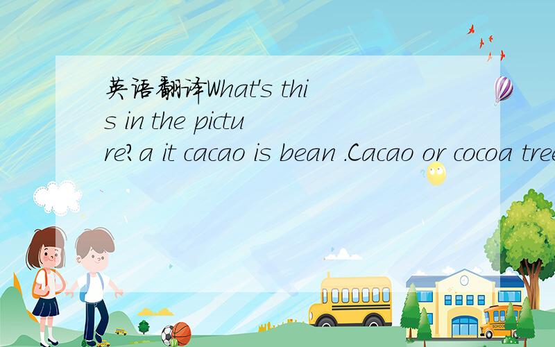 英语翻译What's this in the picture?a it cacao is bean .Cacao or cocoa trees grow in hot ,rainy places,such as Africa ,Asia and Central and South America.Their beans are used to make cocoa powder ,cocoa butter and of course chocolate.There are fiv