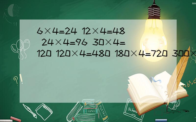 6×4=24 12×4=48 24×4=96 30×4=120 120×4=480 180×4=720 300×4=1200的规律