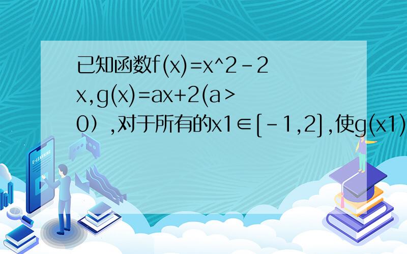 已知函数f(x)=x^2-2x,g(x)=ax+2(a＞0）,对于所有的x1∈[-1,2],使g(x1)=f(x0),则a的取值范围是_____