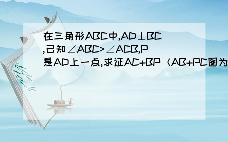 在三角形ABC中,AD⊥BC,已知∠ABC>∠ACB,P是AD上一点,求证AC+BP＜AB+PC图为此，我觉得过AD做B的对称点更好