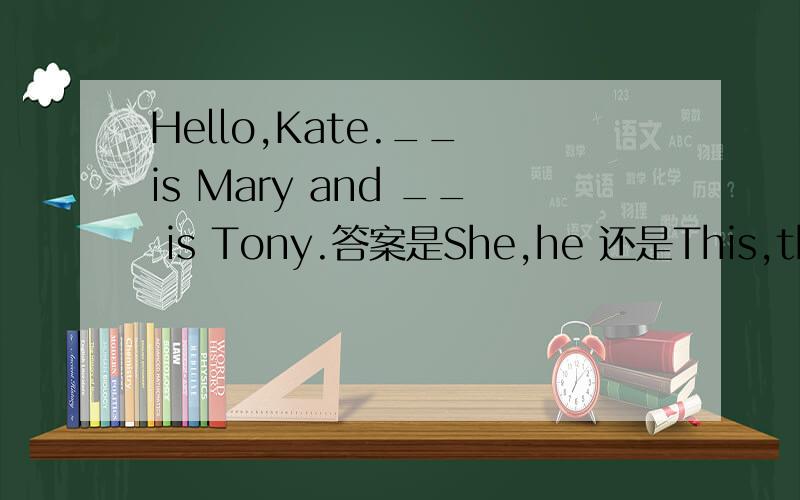 Hello,Kate.__ is Mary and __ is Tony.答案是She,he 还是This,this 为什么?