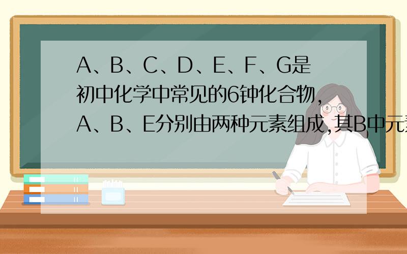 A、B、C、D、E、F、G是初中化学中常见的6钟化合物,A、B、E分别由两种元素组成,其B中元素质量比为1:8,D大理石的主要成分,它们中间的转化关系如下图所示（图中“—”表示两端的物质能发生