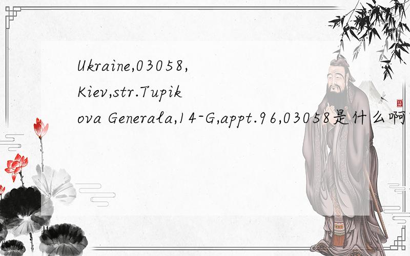 Ukraine,03058,Kiev,str.Tupikova Generala,14-G,appt.96,03058是什么啊？