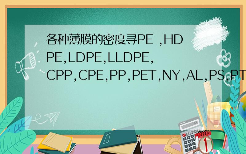 各种薄膜的密度寻PE ,HDPE,LDPE,LLDPE,CPP,CPE,PP,PET,NY,AL,PS,PT,PVC,EVA,PVA,珠光膜,亚光膜等等的密度
