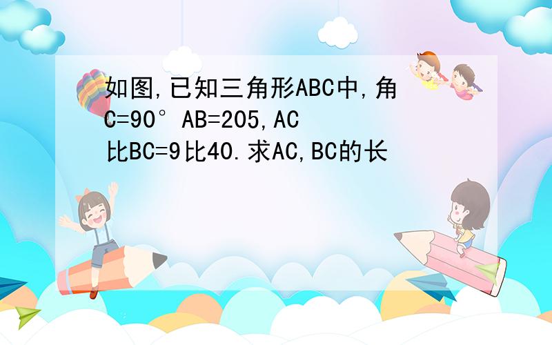 如图,已知三角形ABC中,角C=90°AB=205,AC比BC=9比40.求AC,BC的长