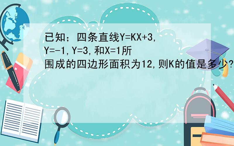 已知；四条直线Y=KX+3,Y=-1,Y=3,和X=1所围成的四边形面积为12,则K的值是多少?对不起，直线方程为Y=KX-3